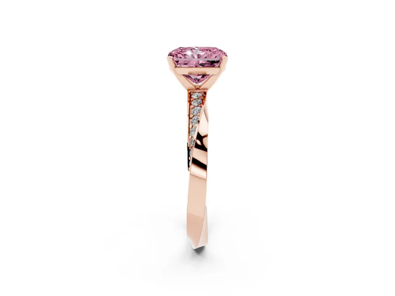Fancy Pink Radiant Cut Diamond Engagement Ring Set in Rose gold with Side Stone Accents and Prong Setting