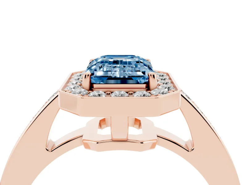 Emerald Cut Framed Halo Engagement Ring Setting for a Fancy Blue Lab-Grown Diamond | Rose Gold