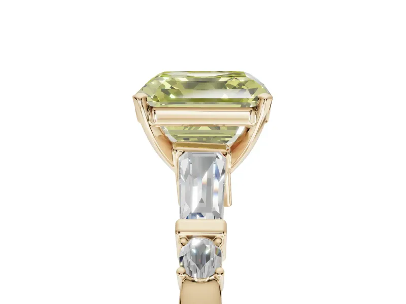 Asscher Cut Tapered Baguette Engagement Ring Setting for a Fancy Yellow Lab-Grown Diamond | Bar Set Sides | Yellow Gold