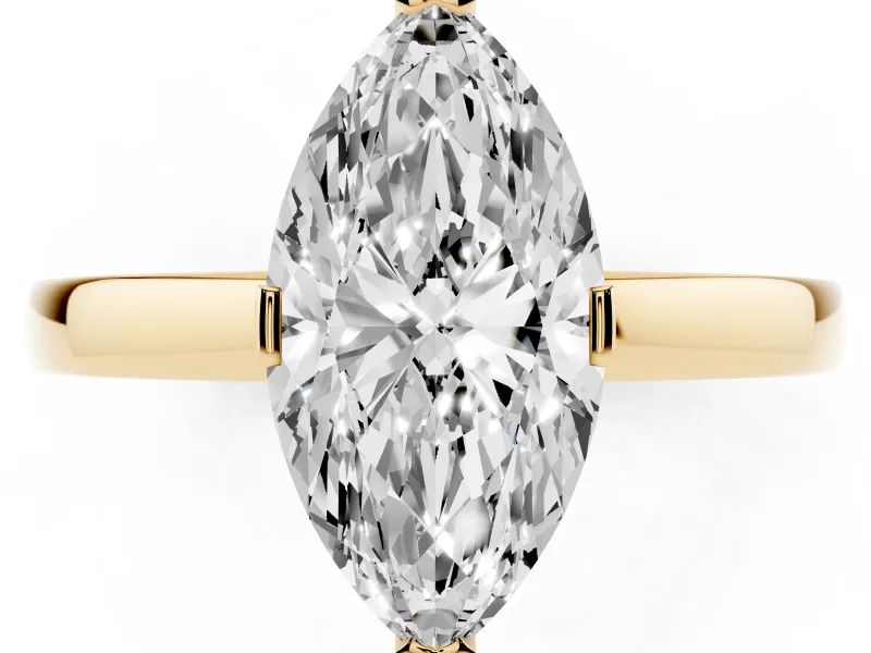 Marquise Cut Diamond Solitaire Ring Set in Yellow gold with Prong Head and Smooth Polished Band