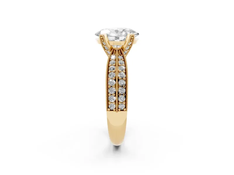 Oval Cut Diamond Solitaire Ring Set in Yellow gold with Milgrain Double Row Round Pavé Band