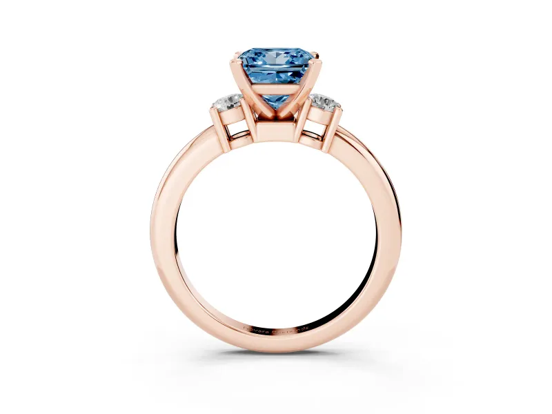 Princess Cut Three Stone Engagement Ring Setting for a Fancy Blue Lab-Grown Diamond | Round Side Stones | Rose Gold