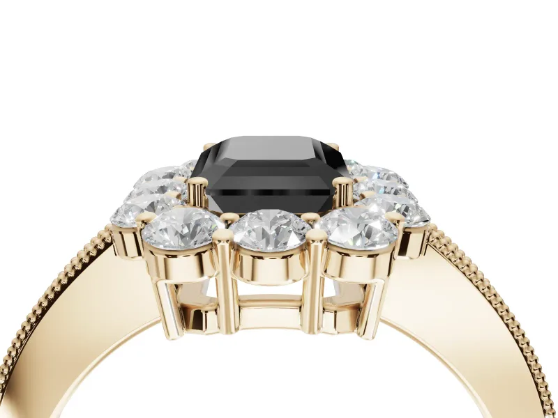 Fancy Black Emerald Cut Lab-Grown Diamond Halo Pavé Engagement Ring Set in Yellow Gold with Milgrain Detailing