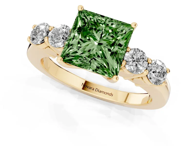 Princess Cut 5 Stone Engagement Ring Setting for a Fancy Green Lab-Grown Diamond | Yellow Gold