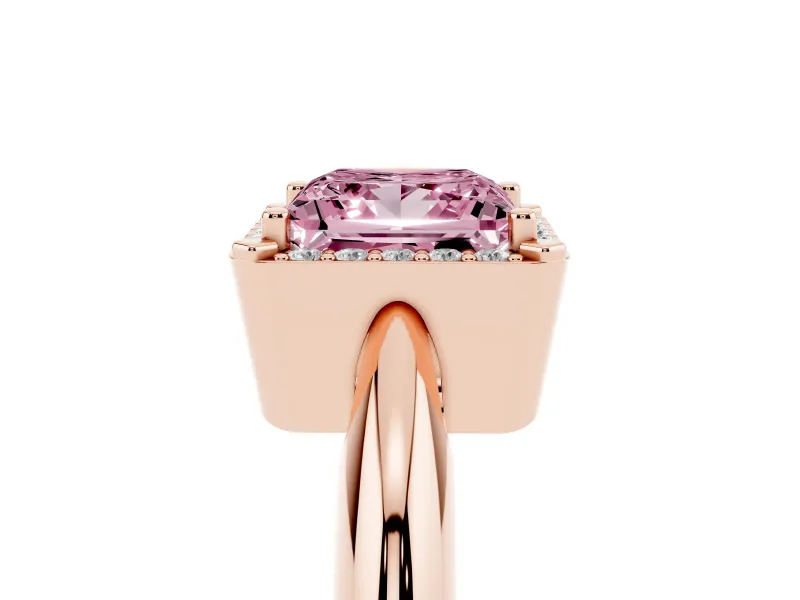 Fancy Pink Princess Cut Diamond Halo Engagement Ring Set in Rose gold with Plain Split Shank and Prong Setting