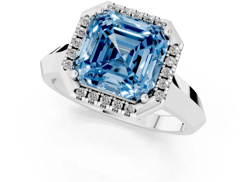 Fancy Blue Asscher Cut Diamond Halo Ring Set in White gold with Cathedral Band and Prong Setting