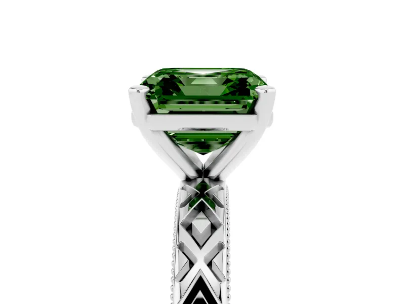 Fancy Green Asscher Cut Diamond Solitaire Ring Set in White gold with Milgrain and Black Enamel X Pattern Band
