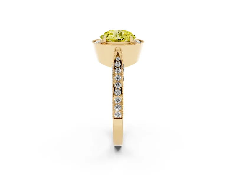 Round Milgrain Halo Engagement Ring Setting for a Fancy Yellow Lab-Grown Diamond | Side Stones | Yellow Gold