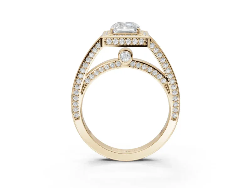 Radiant Cut Sectioned Halo Engagement Ring Setting | Pavé Gallery and Band | Yellow Gold