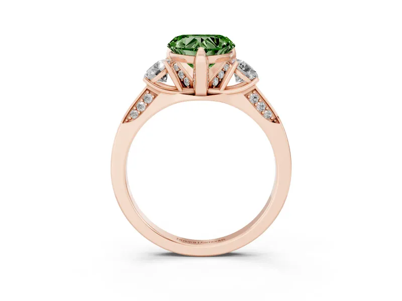 Heart-Shaped Hidden Halo Three Stone Engagement Ring Setting for a Fancy Green Lab-Grown Diamond | Rose Gold