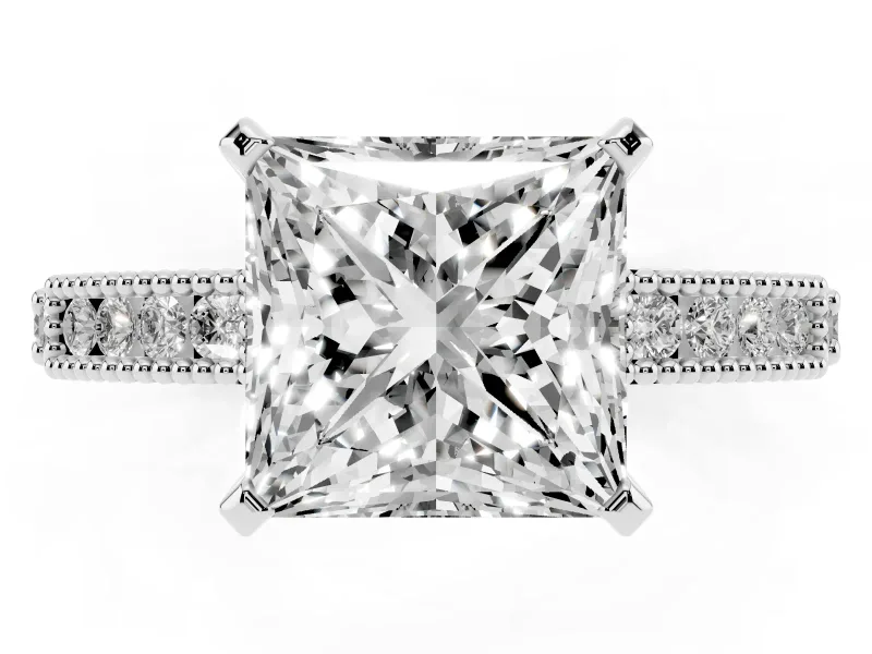 Princess Cut Diamond Solitaire Ring Set in White gold with Slim Pavé Band and Prong Setting