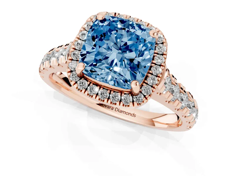 Cushion Cut Accented Halo Engagement Ring Setting for a Fancy Blue Lab-Grown Diamond | Rose Gold