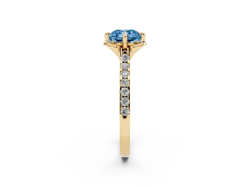 Cushion Cut Floral Petal Engagement Ring Setting for a Fancy Blue Lab-Grown Diamond | Petal Accents | Yellow Gold