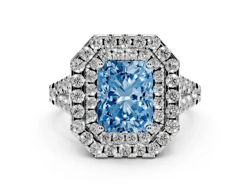 Fancy Blue Radiant Cut Diamond Double Halo Ring Set in White gold with Pavé Split Shank and Prong Setting
