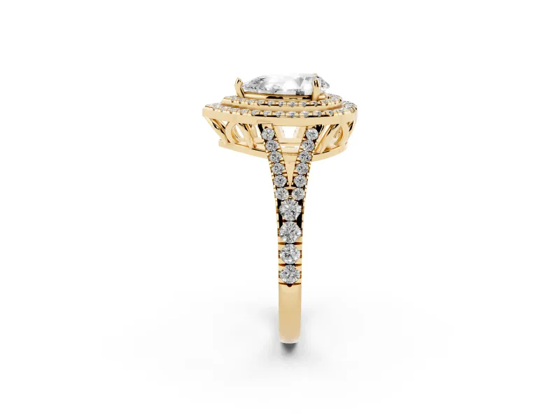 Pear-Shaped Double Halo Split Shank Engagement Ring Setting | Pavé Shoulders | Yellow Gold