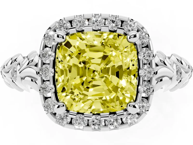 Cushion Cut Leaf Halo Engagement Ring Setting for a Fancy Yellow Lab-Grown Diamond | Bezel Accents | Platinum