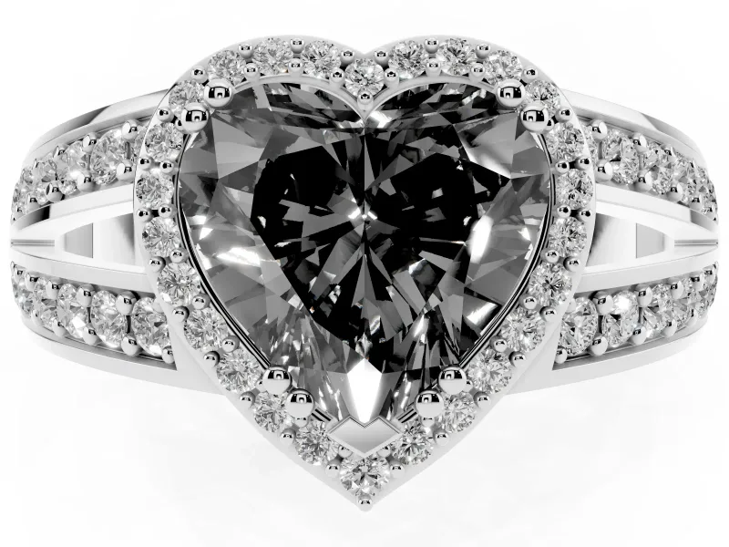 Fancy Black Heart Cut Diamond Halo Ring Set in Platinum with Double Pavé Split Shank