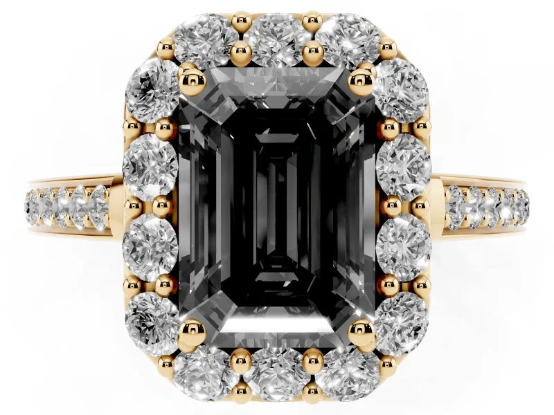Fancy Black Emerald Cut Diamond Floral Halo Ring Set in Yellow gold with Pavé Band and Prong Setting