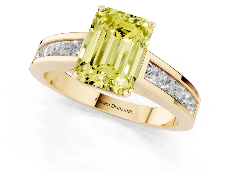 Fancy Yellow Emerald Cut Diamond Solitaire Ring Set in Yellow gold with Channel-Set Band and Prong Setting