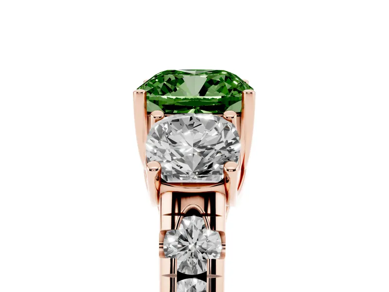 Fancy Green Cushion Cut Diamond Three-Stone Ring Set in Rose gold with Pavé Band
