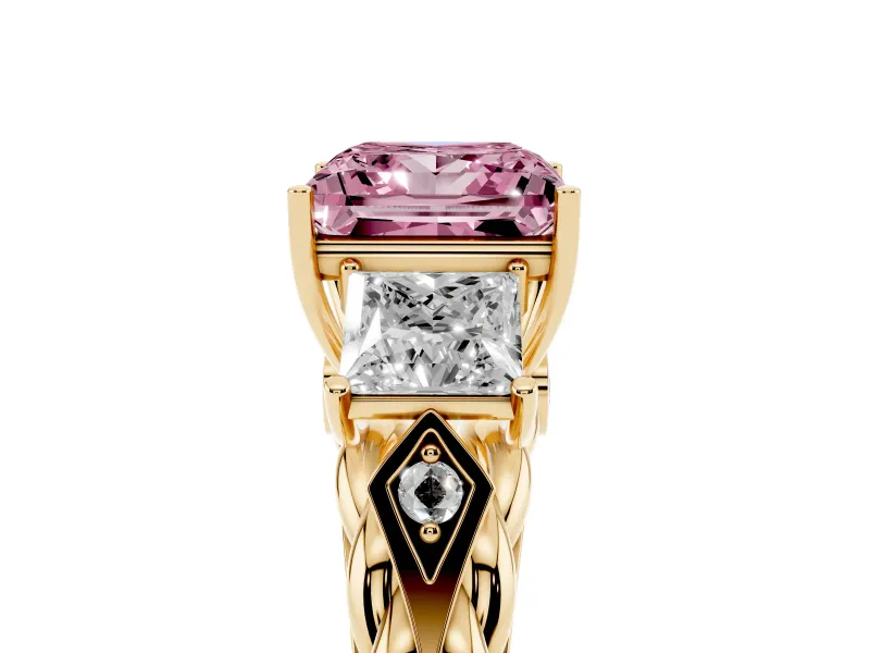 Fancy Pink Princess Cut Diamond Three-Stone Ring Set in Yellow gold with Braided Band