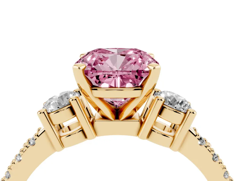 Fancy Pink Three-Stone Cushion Cut Diamond Pavé Band Ring Set in Yellow gold with Prong Setting