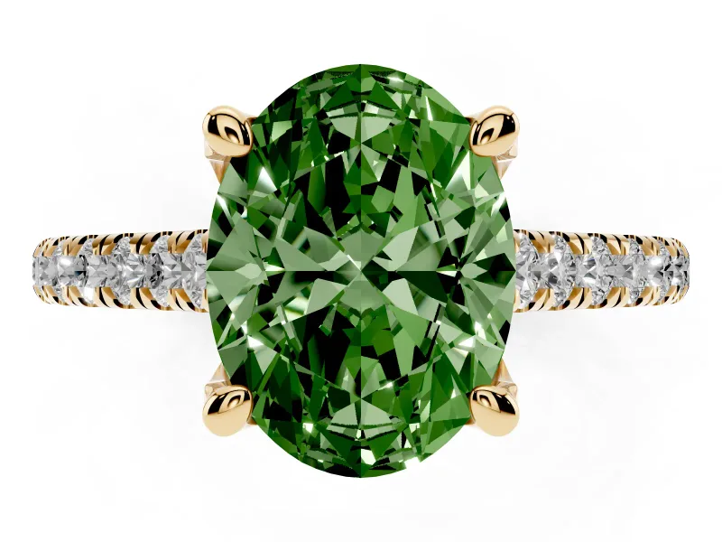 Oval Hidden Halo Pave Engagement Ring Setting for a Fancy Green Lab-Grown Diamond | Claw Prongs | Yellow Gold