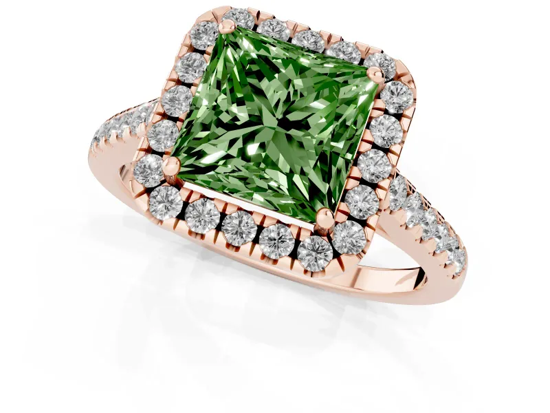 Princess Cut Halo Engagement Ring Setting for a Fancy Green Lab-Grown Diamond | Pave Shoulders | Rose Gold