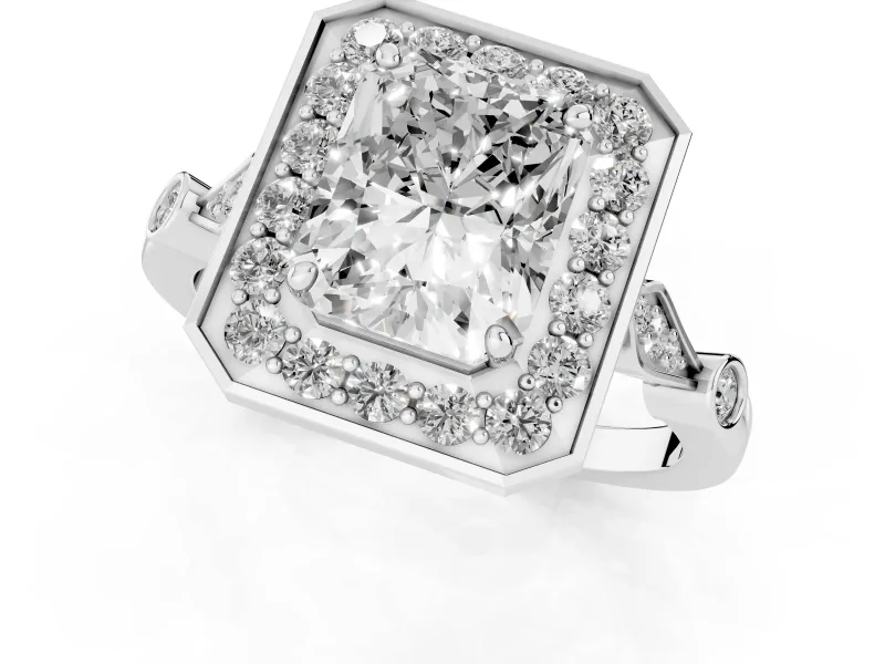 Radiant Cut Vintage Halo Engagement Ring Setting | Bezel Station Shoulders | White Gold