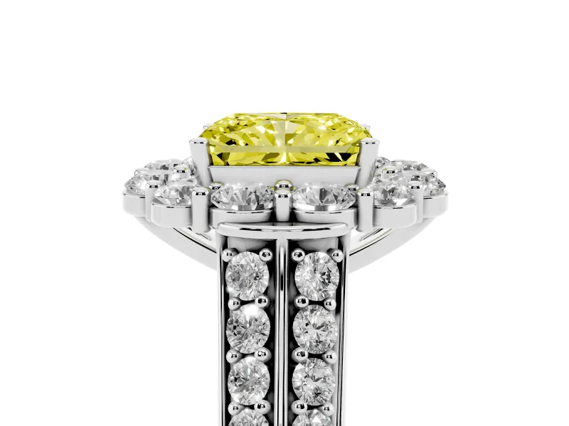 Fancy Yellow Radiant Cut Diamond Halo Engagement Ring Set in Silver with Split Shank and Prong Setting