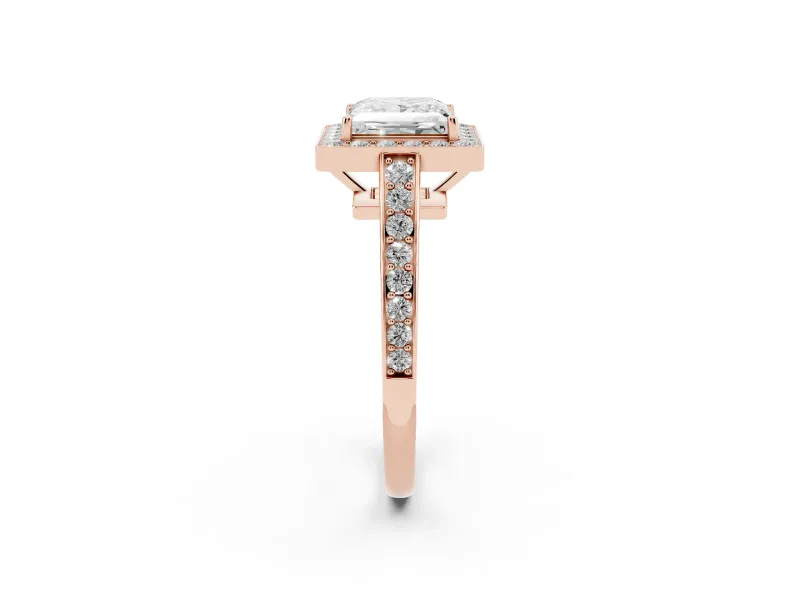 Princess Cut Diamond Halo Pavé Engagement Ring Set in Rose gold with Bezel Setting