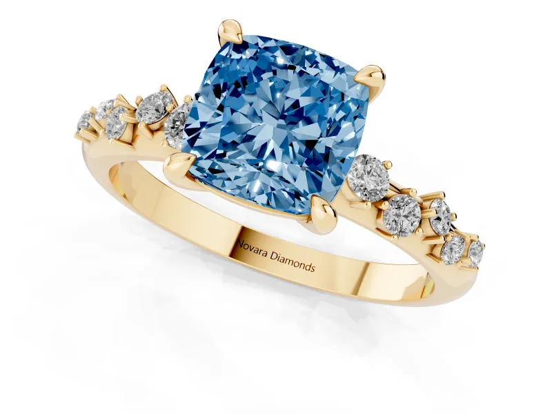 Cushion Cut Graduated Engagement Ring Setting for a Fancy Blue Lab-Grown Diamond | Yellow Gold