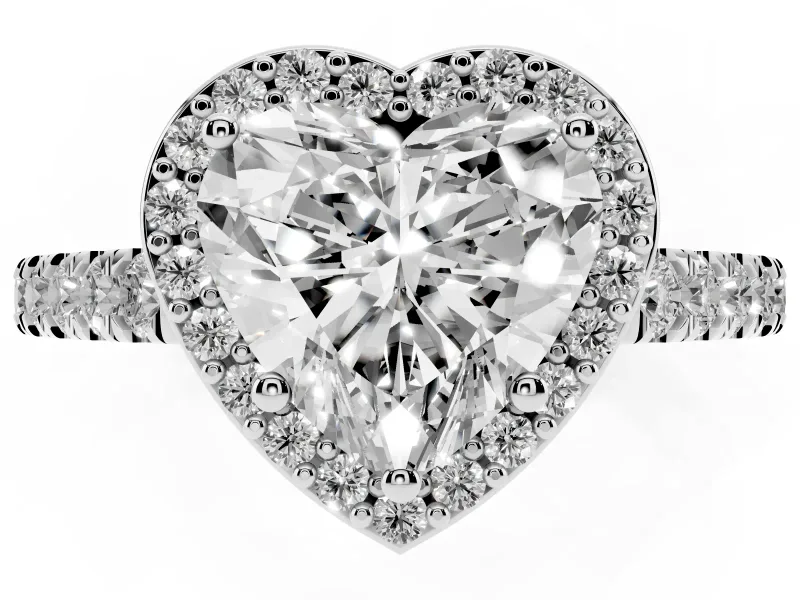 Heart Cut Diamond Halo Engagement Ring Set in Silver with Pavé Band and Prong Setting