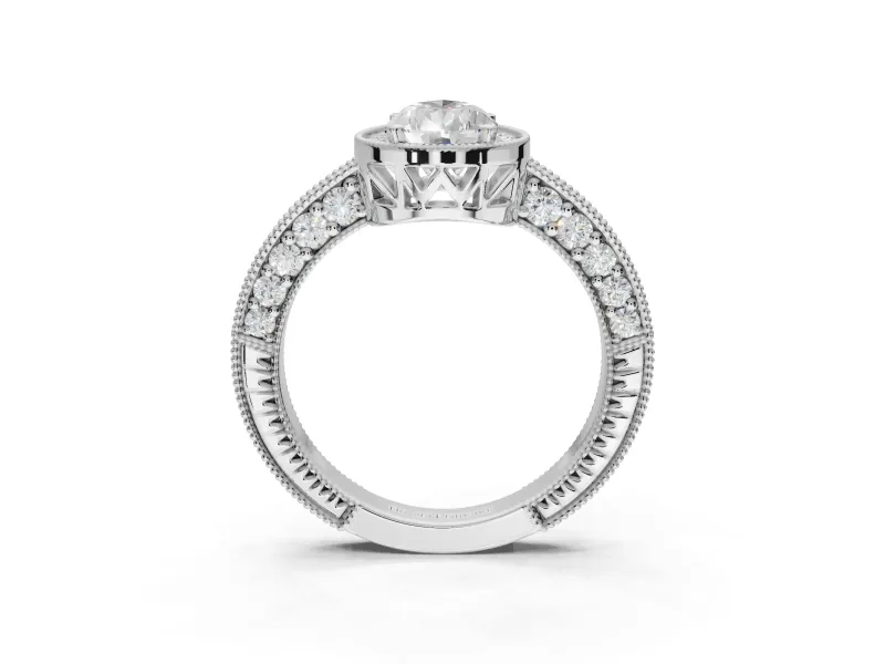 Pear-Shaped Vintage Milgrain Halo Engagement Ring Setting | Wide Pavé Band | Sterling Silver