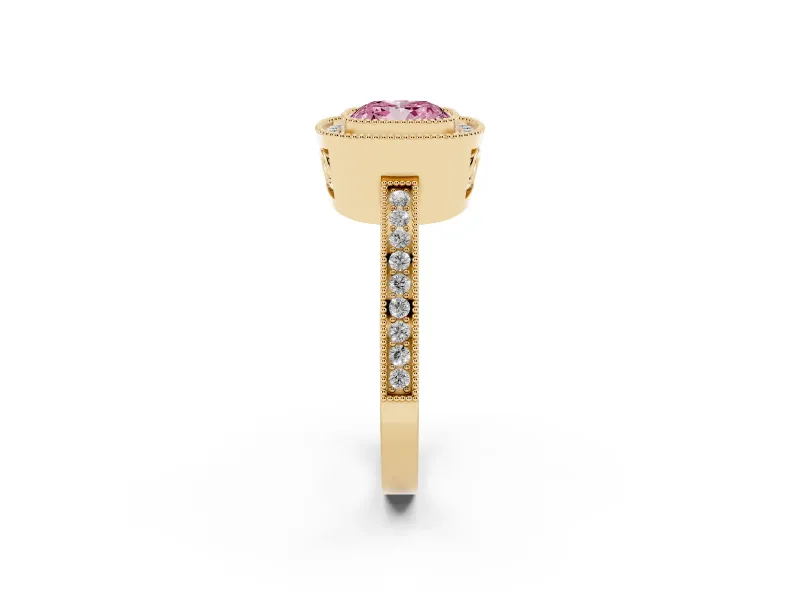 Fancy Pink Cushion Cut Diamond Halo Ring Set in Yellow gold with Pavé Band and Milgrain-Edged Prongs