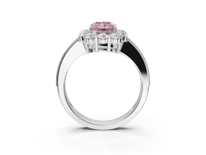Radiant Cut Vintage Halo Engagement Ring Setting for a Fancy Pink Lab-Grown Diamond | Milgrain Channel Band | White Gold