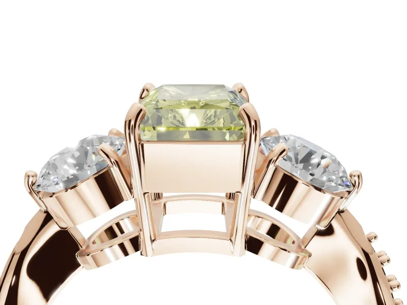 Radiant Cut Three Stone Engagement Ring Setting for a Fancy Yellow Lab-Grown Diamond | Tapered Pave Band | Rose Gold