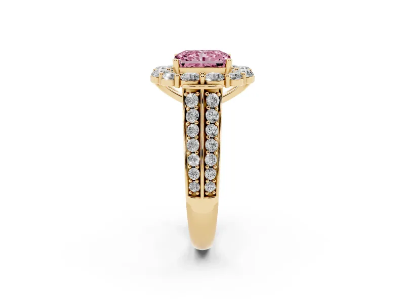 Radiant Cut Large Accent Halo Engagement Ring Setting for a Fancy Pink Lab-Grown Diamond | Graduated Pavé | Yellow Gold