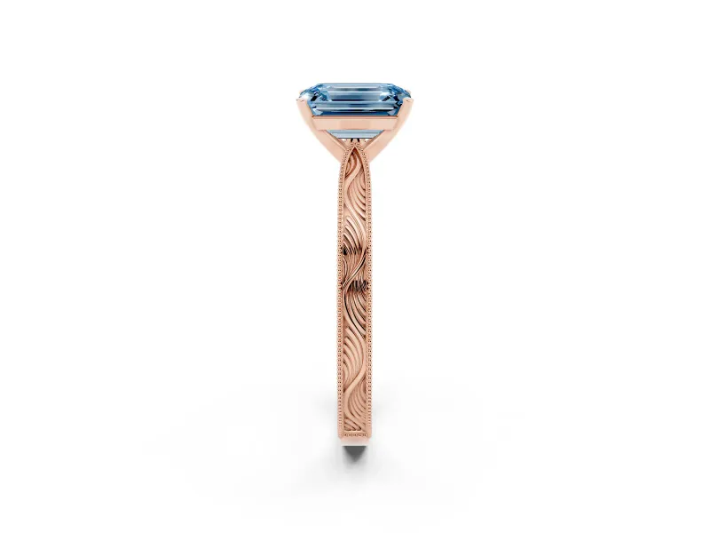 Fancy Blue Emerald Cut Diamond Solitaire Milgrain Engraved Band Set in Rose gold with Prong Setting