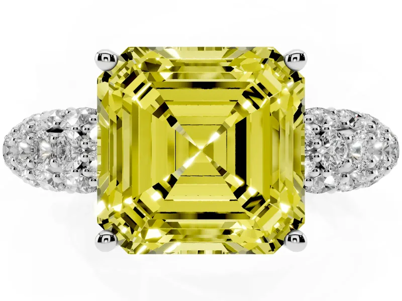 Asscher Cut Close Set Pave Engagement Ring Setting for a Fancy Yellow Lab-Grown Diamond | Multi Row | Sterling Silver