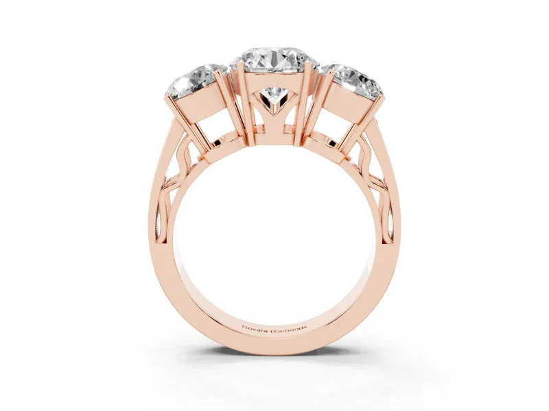 Round Three Stone Engagement Ring Setting | Beaded Shoulders | Rose Gold