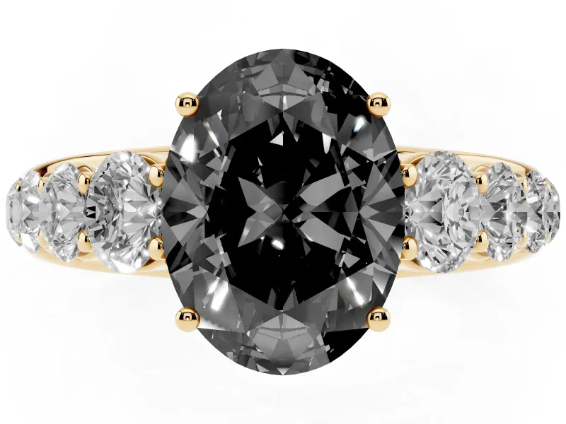 Oval Graduated Side Stone Engagement Ring Setting for a Black Center | Flat Top Band | Yellow Gold