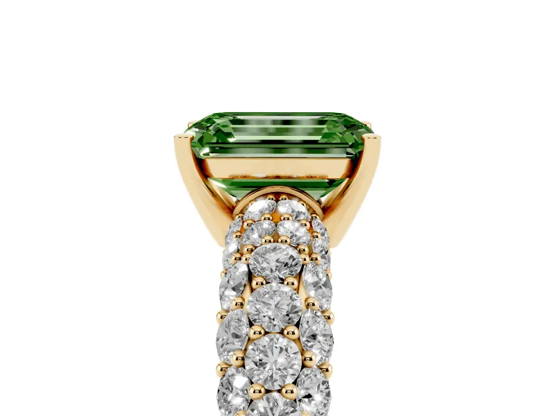 Emerald Cut Multi Row Pave Engagement Ring Setting for a Fancy Green Lab-Grown Diamond | Yellow Gold