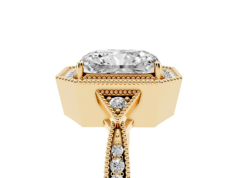 Radiant Cut Vintage Milgrain Halo Engagement Ring Setting | Graduated Pavé Band | Yellow Gold