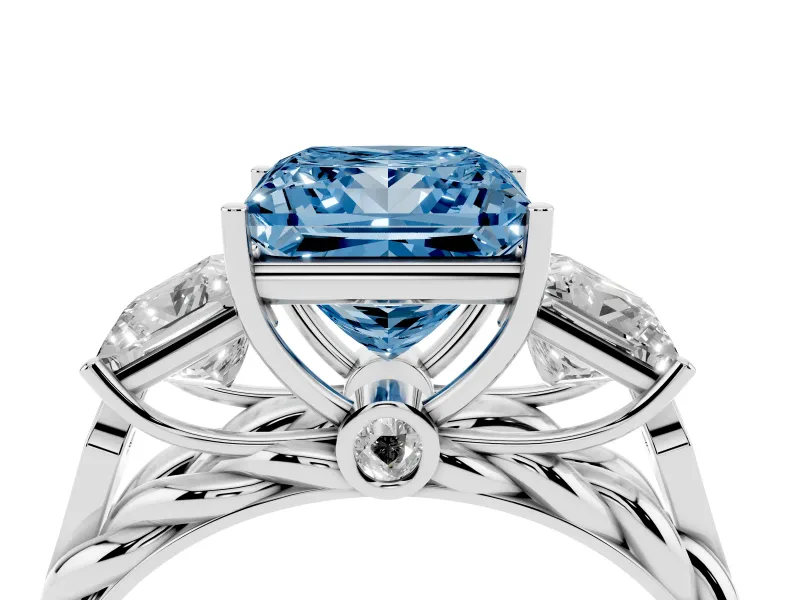 Fancy Blue Princess Cut Diamond Three-Stone Ring Set in White gold with Braided Band