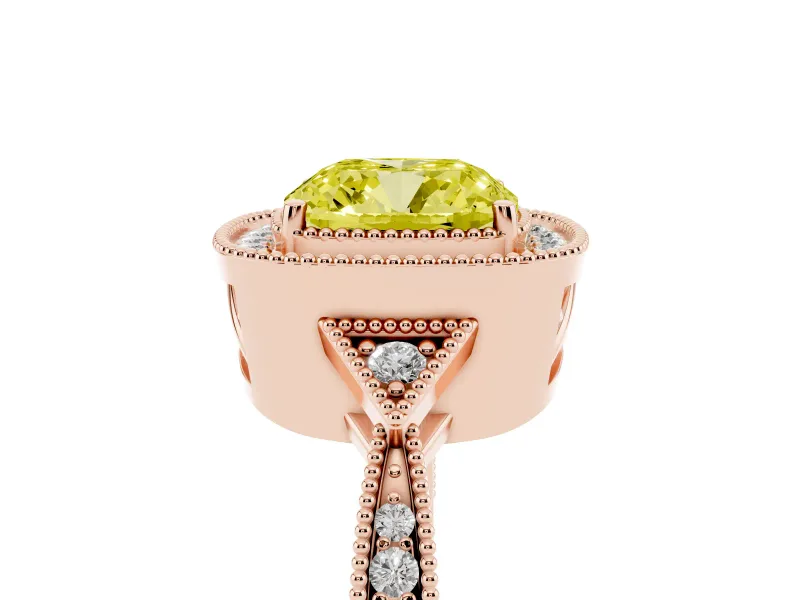 Fancy Yellow Cushion Cut Diamond Halo Engagement Ring Set in Rose gold with Milgrain Pavé Band