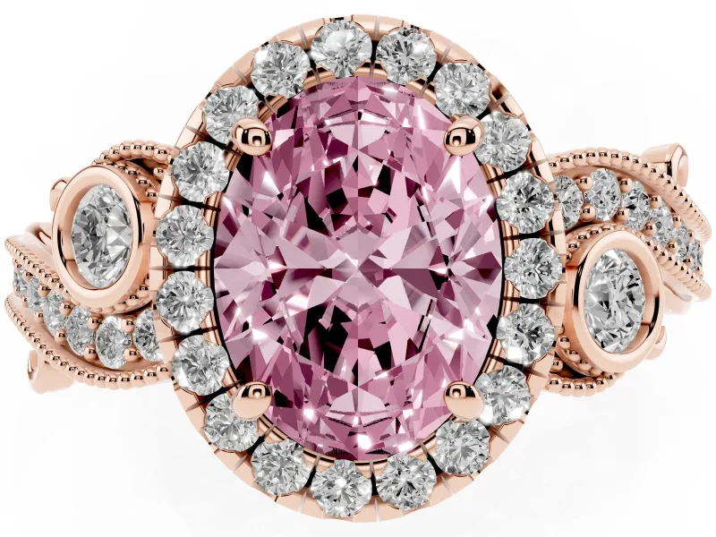 Fancy Pink Oval Cut Diamond Halo Ring Set in Rose gold with Milgrain Pavé Band and Prong Setting