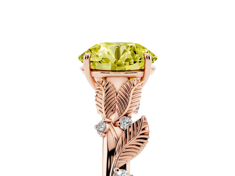 Fancy Yellow Round Cut Diamond Solitaire Ring Set in Rose gold with Leaf Motif Band
