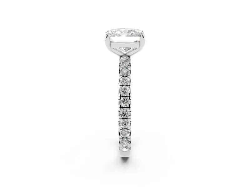 Radiant Cut Diamond Pavé Solitaire Ring Set in Platinum with Round Band and Prong Setting