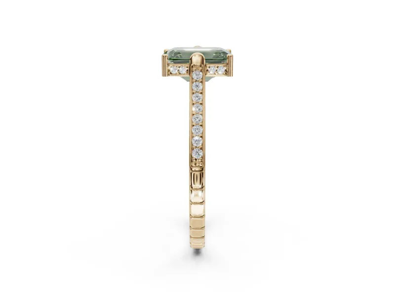 Emerald Cut Vintage Cathedral Engagement Ring Setting for a Fancy Green Lab-Grown Diamond | Carved Band | Yellow Gold